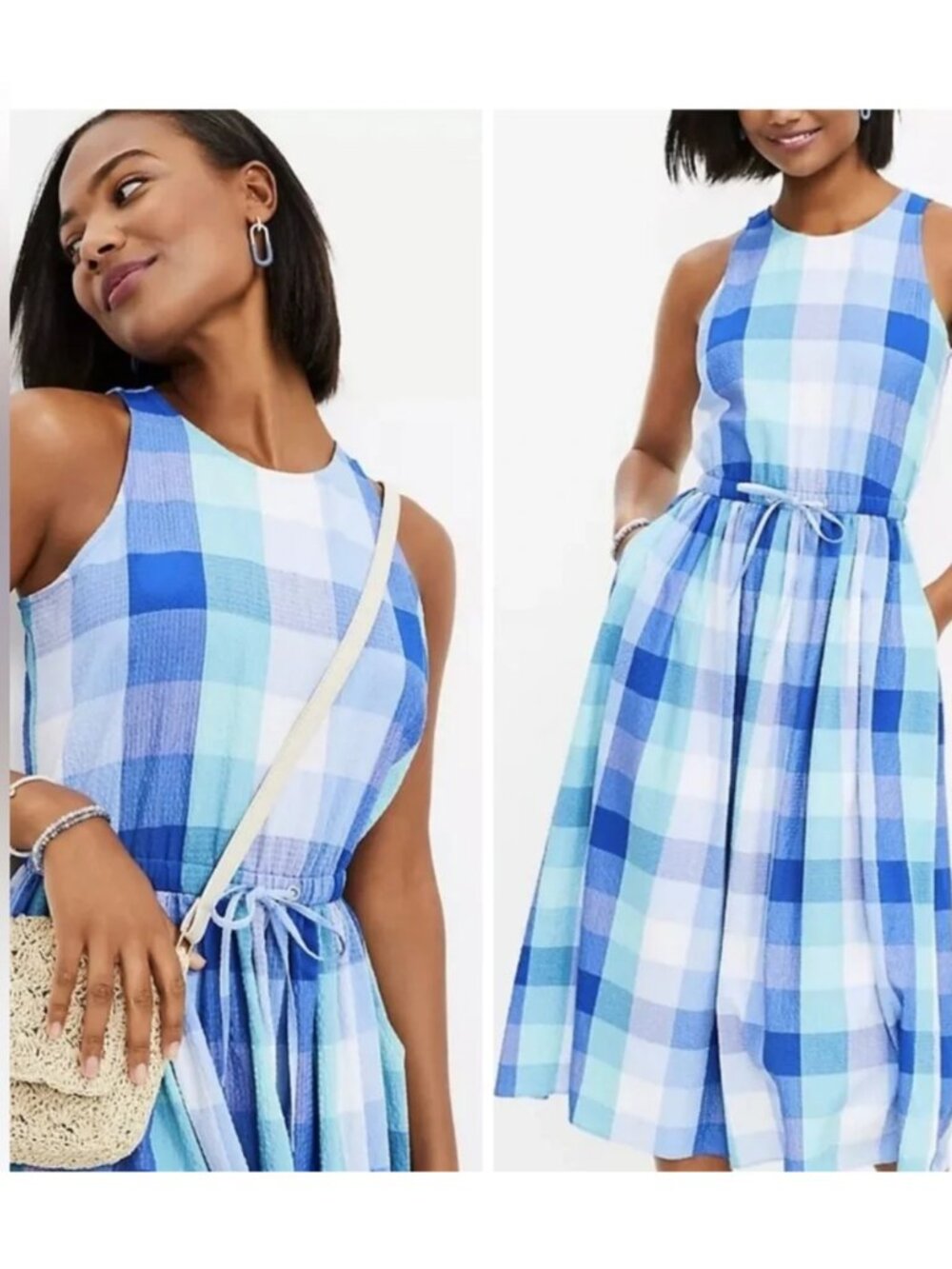 LOFT Seersucker Plaid Sleeveless Cutout Midi Dress Size L